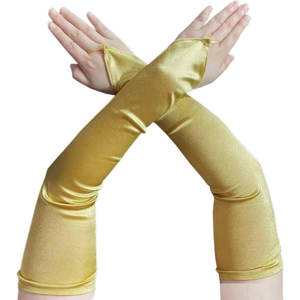 Women's Gold Stretchy Finger Loop Fingerless Satin Elbow Length Opera Gloves